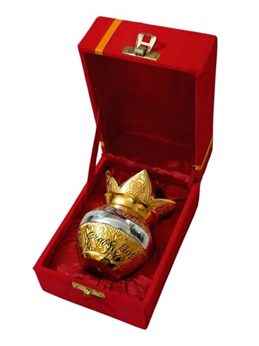 Image of Traditional Brass Kalash, Gold and Silver Finish, Decorative Pooja Vessel with Engraved Design, 5 Inch