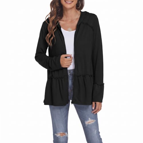 Image of DEESHA Plus Size Zip Up Hoodie for Curvy Women Spring Ruffle Hooded Sweatshirts Jacket Cardigans Lightweight