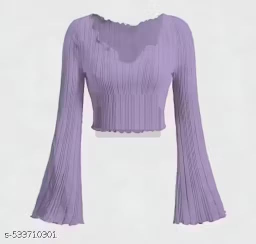 Image of V-Neck Notched Flared Sleeve Top for Women | Stylish Polyester Long Sleeve Blouse for Casual Wear 450