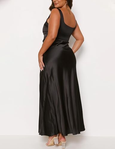 Summer Vacation Satin Maxi Dresses for Women 2025 Square Neck Formal Elegant Ruched Tank Top Wedding Guest Dress with Slit4