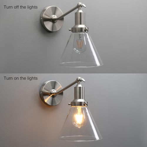 Image of PERMO Industrial Vintage Slope Pole Wall Mount Single Sconce with Funnel Flared Clear Glass Shade Brushed Wall Sconce Light Lamp Fixture