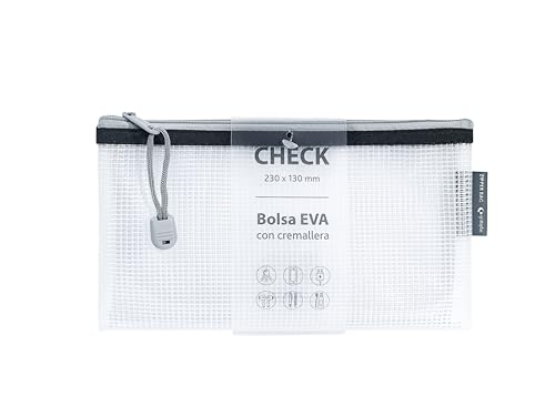Grafoplas - Bolsa con Cremallera EVA Check, Fabricada con Goma EVA Transparente con Cremallera Color Negro, 23x13cm, Ideal para Transportar Todo Tipo de Artículos o Cheques, Entradas, Vouchers