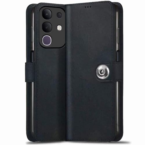 Image of TheGiftKart Flip Cover Back Case for iQOO Z10x 5G / Vivo T4x 5G | Genuine Leather Finish | Designer Button | Inbuilt Pockets & Stand | Flip Flip Back Case Cover (Faux Leather, Black)