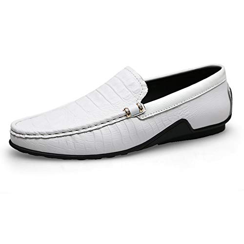 Fashion Embossed Penny Loafers for Men Genuine Leather Lightweight Comfortable Dress Wedding Casual Shoes Anti-Slip Flat Slip-on Round Toe(White,10)