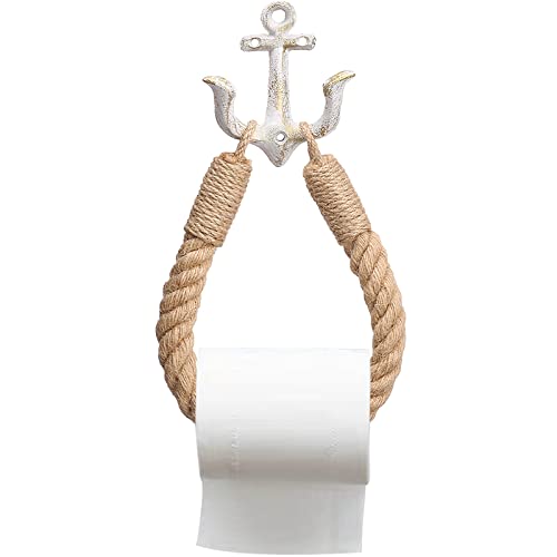 Agolla Nautical Toilet Paper Holder, Rustic-Industrial Wall-Mounted Beach Themed Rope Towel Ring With Metal Hook For Bathroom Decor (White) #TOP30