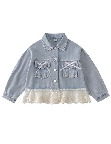5-14Years Little Big Girl Lace Spliced Denim Jackets Classic Blue Jean Jacket Kids Outerwear Casual Cute Coat Spring