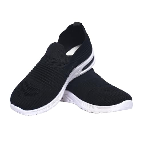 Image of Women's Slip-On Sneakers, Black, Knitted Upper, Walking & Casual, Lightweight with Cushioned Sole