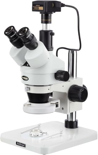 Image of AmScope SM-1TSZ-144S-5M Digital Professional Trinocular Stereo Zoom Microscope, WH10x Eyepieces, 3.5X-90X Magnification, 0.7X-4.5X Zoom Objective, 144-Bulb LED Ring Light, Pillar Stand, 110V-240V, Includes 0.5X and 2.0X Barlow Lenses and 5MP Camera with Reduction Lens and Software