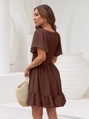 Image of LILLUSORY Women's Flowy Casual Mini Dresses 2026 Summer Graduation Smocked V Neck Vacation Dress Dress with Pockets