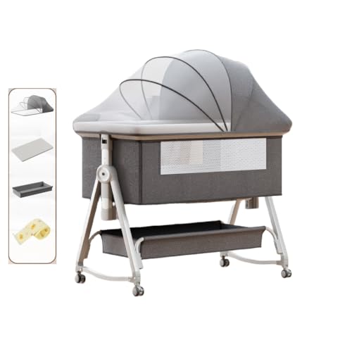 Sarinyベビーベッド 添い寝ベッド 組み立て簡単 新生児ベッド 乳児用ベッド 高さ6段調節可能 蚊帳 通気性 揺りかご 収納便利収納バスケット キャスタ付き 持ち運び便利 組み立て簡単 幼児 新生児用 出産祝い プレゼント (ライトグレー,B)