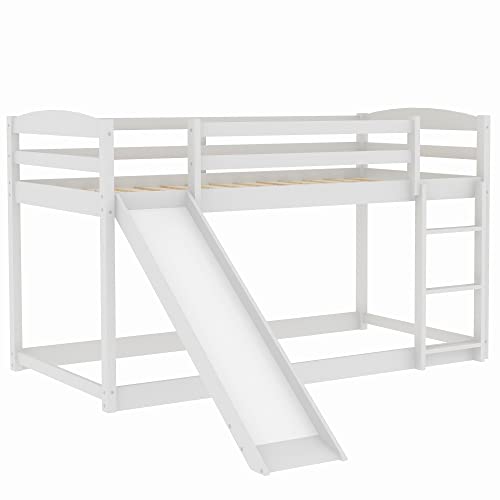 Softsea Twin Over Twin Bunk Bed With Slide For Kids Solid Wood Low Bunk Beds With Built-In Ladder(White) #TOP3