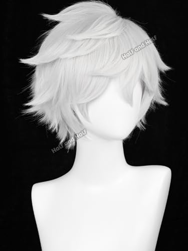 Image of Half and Half Short White Wig for Men Silver White Male Anime Cosplay Wig Light Gray Spiky Layered Wigs with Bangs for Unisex Women Halloween Party Daily Costumes