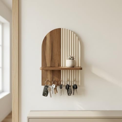 Image of Home Sparkle Wall Mounted Key Holder for Home Entrance with Shelf | Premium MDF Wood Organizer with Paint Finish | Modern 5 Hooks for Keys Small Planter & Decorative Essentials | Walnut & Ivory White