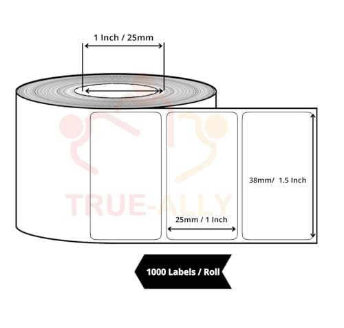 Image of True-Ally 3pcs 38x25 Direct Thermal Barcode Label - 1.5 x 1 inch - 38mm x 25mm - 1 Ups - 1000 Labels /Roll - White Self Adhesive Sticker for Printing Barcoding (3 Rolls Per Pack (3000 Labels))