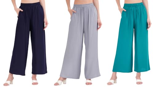 Image of Buy That Trendz Palazzo Pants for Women Rayon Elasticated Regular Fit Flared Wide Leg M to 6XL Pack of 3