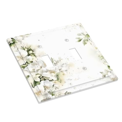 Decorative Switch Plate Covers Rustic Ink Green Leaves White Florals Flower 2 Gang Light Switch Cover Plate Unique Double Toggle Wall Plate Light Switch Covers for Bedroom Decor