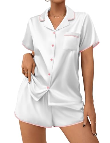Image of Ekouaer Womens Satin Pajamas Set 2 piece Silky Buttton Down Short Pjs | Silk Notch Collar Top and Soft Shorts Lounge Set for Sleep, Daily Wear, Home, Wedding, Party