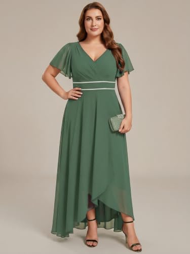 Image of Ever-Pretty Plus Women's Chiffon V-Neck Beading Ruffles Sleeves Maxi High Low Plus Size Formal Dresses