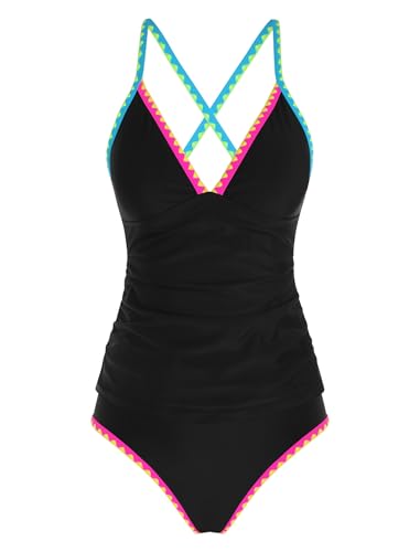 Image of ZAFUL Womens Tankini Swimsuits V Neck Push Up Swim Top Color Block Tummy Control High Waisted Bathing Suits Swim Bottom