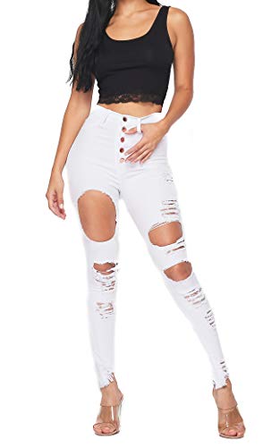 Vibrant Women's Juniors High Rise Jeans w Heavy Distressing (1, White 5-Button Bundle)