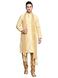 ITOS365 Men's Tunic Art Silk Kurta Pajama Pyjama Dupatta Set with Embroidery Zari Work Indian Clothing Wedding Party Dress Gifts Items Gold Large