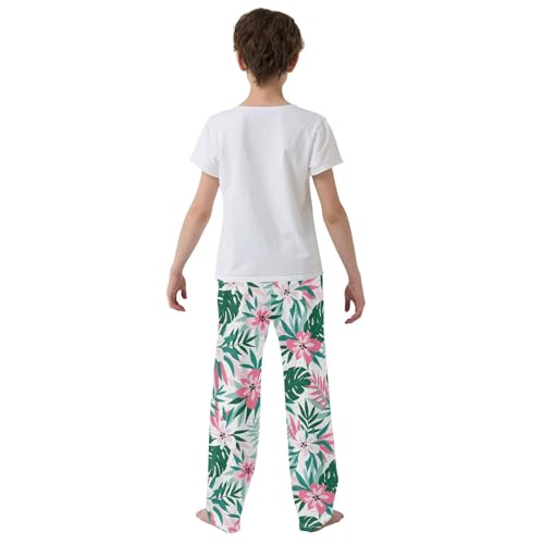ZZXXB Hibiscus Flowers and Leaves Boys Long Pants Soft Trousers Elastic Waist Kids Lounge Bottoms with Pockets S-XL3