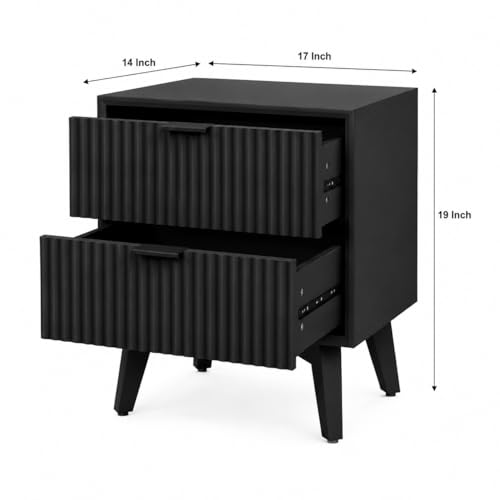 Image of Wooden Bedside Table for Luxury Bedroom | Wooden Bed Side Nightstand Lamp Table with 2 Drawers Storage | Premium Wood Side Table for Living Room, Home & Office | Fluted- Black Finsih