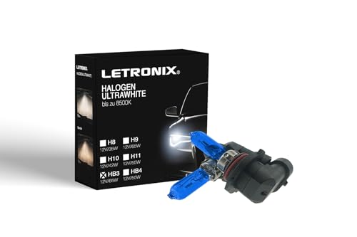 letronix Halogen Auto Lampen HB3 9005 12V 8500K Kalt Weiß Xenon Optik Gas Ultra White Look Birnen Lampe Abblendlicht Nebelscheinwerfer Fernlicht Kurvenlicht E-Prüfzeichen (LED Optik) (HB3 65W)