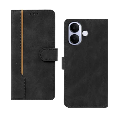 Image of amazon basics Vivo V60 Lite 5G Flip Cover | Card Pockets Wallet & Stand | Flip Cover for Vivo V60 Lite 5G (Black with Beige Strip)