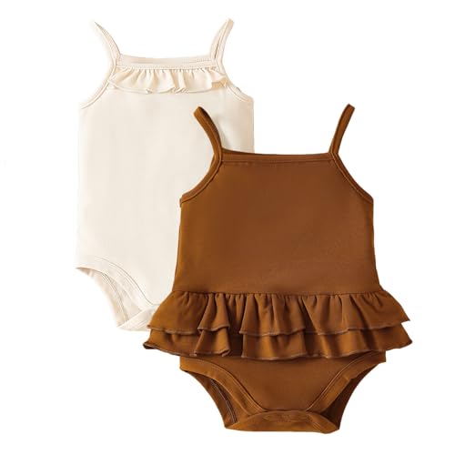 ROMPERINBOX Tank Top Onsies Baby Girl 2 Pack Sleeveless Bodysuit Spaghetti Strap Summer Clothes for Infants (Apricot/Brown 0-3 Months)