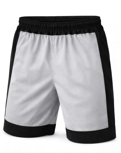 Image of Men's Athletic Shorts, Black and Grey Color Block Sports Shorts with Elastic Waistband