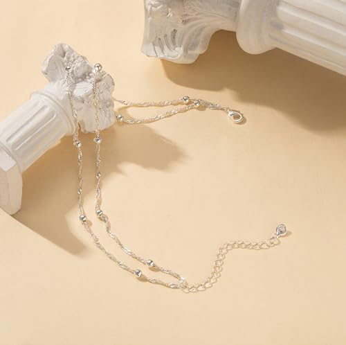 Image of Freekiss Sterling Silver Ankle Bracelets for Women: Dainty Layered Waterproof Anklet for Women Adjustable Womens Anklet Set Stackable Figaro Beaded Cuban Link Anklets Beach Jewelry for Women