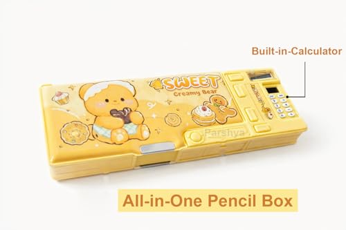 Image of KiddieWorld Cute Cartoon Pencil Box for Kids | All-in-One Stationery Box with Calculator, Sharpener & Writing Pad | Large Capacity Plastic Pencil Case for School Boys & Girls