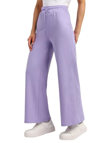 Image of JUNEBERRY Wide Leg Track Pants for Women & Girls (Pure Cotton, Bootcut, Regular Fit, High Rise Trouser, Drawstring, Available in Black, Brown, Navy, Olive Green, Lilac, Beige)