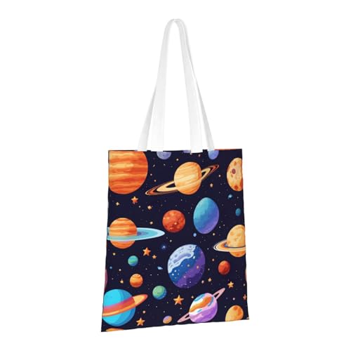 Planet Pattern Print Reusable Canvas Tote, Shopping Bag With Handles For Daily And Grocery Use2
