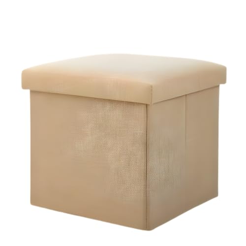 Puff Organizador Dobrável com Tampa e Armazenamento, Baú Multiuso Quadrado de Linho, Assento Otomano Compacto Reforçado para Quarto e Sala, Bege ou Cinza (Bege)
