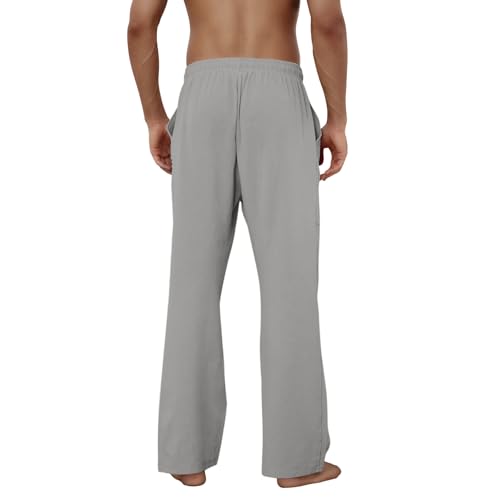 Image of Puimentiua Cotton Linen Pants Men, Summer Beach Pants Loose Fit with Elastic Waist Drawstring