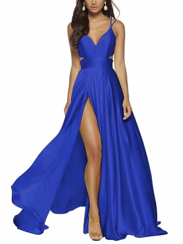 Smileven Women's Long Satin Prom Dresses V-Neck A Line Formal Evening Party Gowns