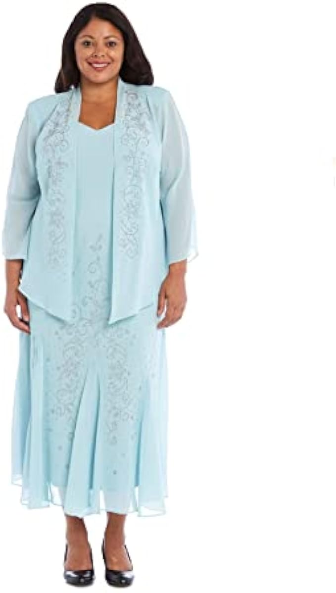 R&M Richards Women's Plus Size Beaded Chiffon Jacket Dress