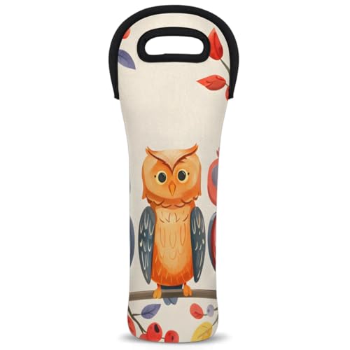 Neoprene Wine Tote Carrier Bag for Wine,Water, Champagne, Beer, Baby Bottles 15.6 x 5.1 Inches, Protective Wine Bag,Owls on Branches