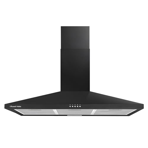 Russell Hobbs 90cm Chimney Cooker Hood in Black with 3 Speed Settings 2x Carbon Filters Extraction or Recirculation 400 m/h Extraction Rate LED Lights A++ Energy Rating RH90SCH03A1B