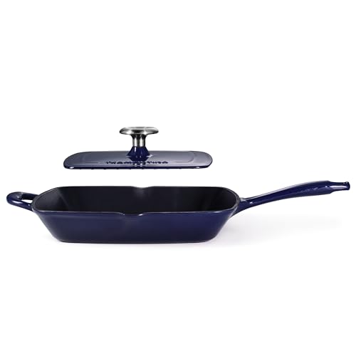 Image of Tramontina Bestow Enameled Cast Iron 11-Inch Grill Pan with Press, Blue