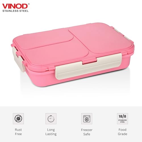 Image of Vinod GO-Tiffin Stainless Steel 3 Compartment Insulated Lunch Box | Pink | Leaf-Proof, Vacuum Sealed & Air Tight | Tiffin Box for Office, Kids & Adults | Freezer Safe | with Safety Lock