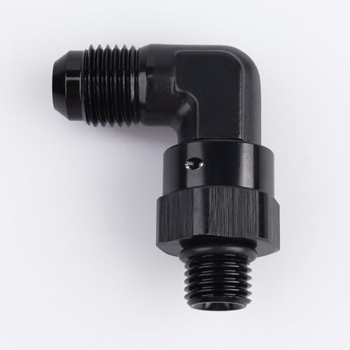 Image of AC PERFORMANCE Black Aluminum 90 Degree -6 AN Male Flare to -4 AN ORB O Ring Port Thread 7 /16 x 20 Swivel Fitting Adapter
