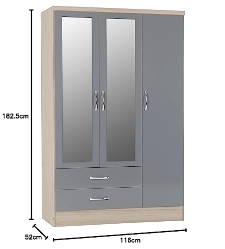 Seconique Nevada Grey Gloss And Oak 3 Door 2 Drawer Mirrored Wardrobe - 10