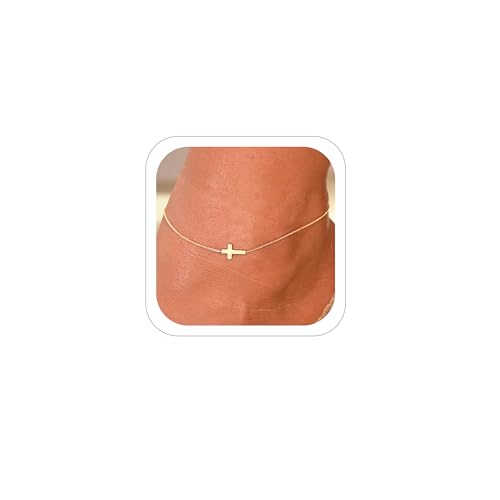 Image of Anklets for Women 14K Gold Plated Anklets Waterproof Ankle Bracelets for Women Silver Ankle Bracelet Layered Cross Satellite Bowknot Flower Pearl Beach Anklets Cute Jewelry Gift