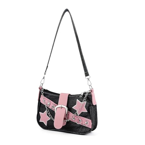 Denim y2k Purses for Women, Star Casual Chain Handheld Small Shoulder Bag with 2 Straps, Three Carry Methods Rock Style2