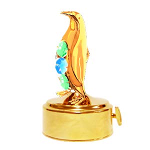 Mascot Gold Plated Penguin Music Box w/Green/Mixed Colors Swarovski Crystal