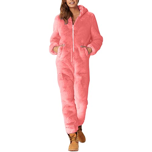 Schlafanzug Damen Frottee Damen Jumpsuit Fleece Einteiler Overall Anzug Flauschig Jumpsuit flauschig und kuschelig weich warm Einteiler Ganzkörperanzug Overall warm Cover