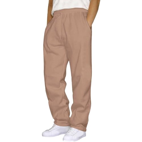 Mens Sweatpants with Pockets Baggy Sweat Pants Wide Leg Casual Athletic Workout Gym Clothes Straight Leg Open Bottom Sweatpants Fleece Lined Jogger with Pockets Winter Fall Clothing Khaki